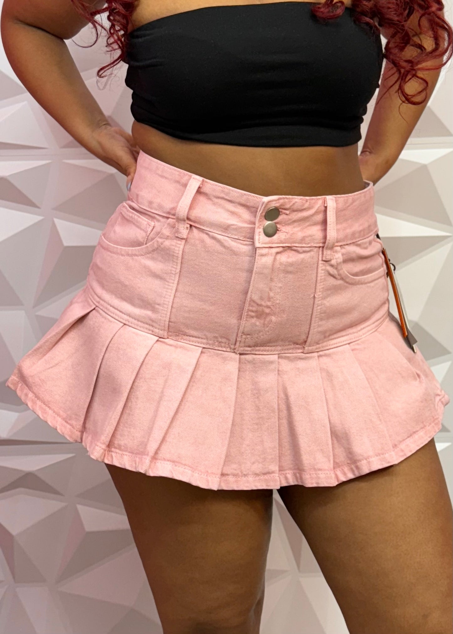 Pleated Denim Skirt-Pink