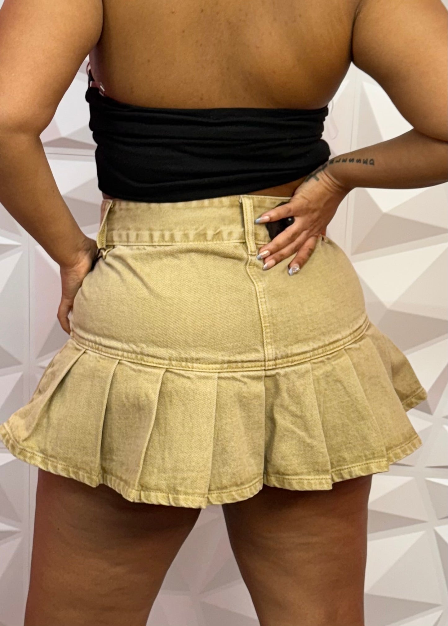 Pleated Denim Skirt-Khaki