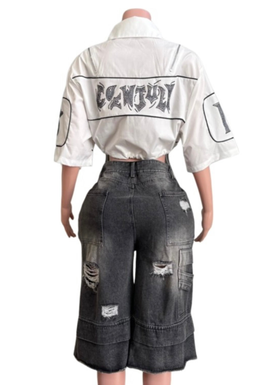Gem Stone Crop T-Shirt-White