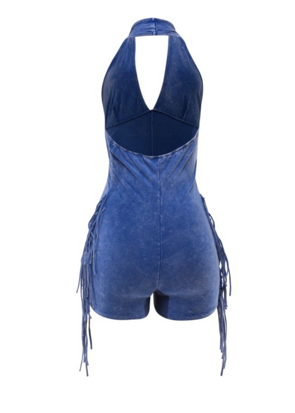 Fringe Halter Romper-Blue