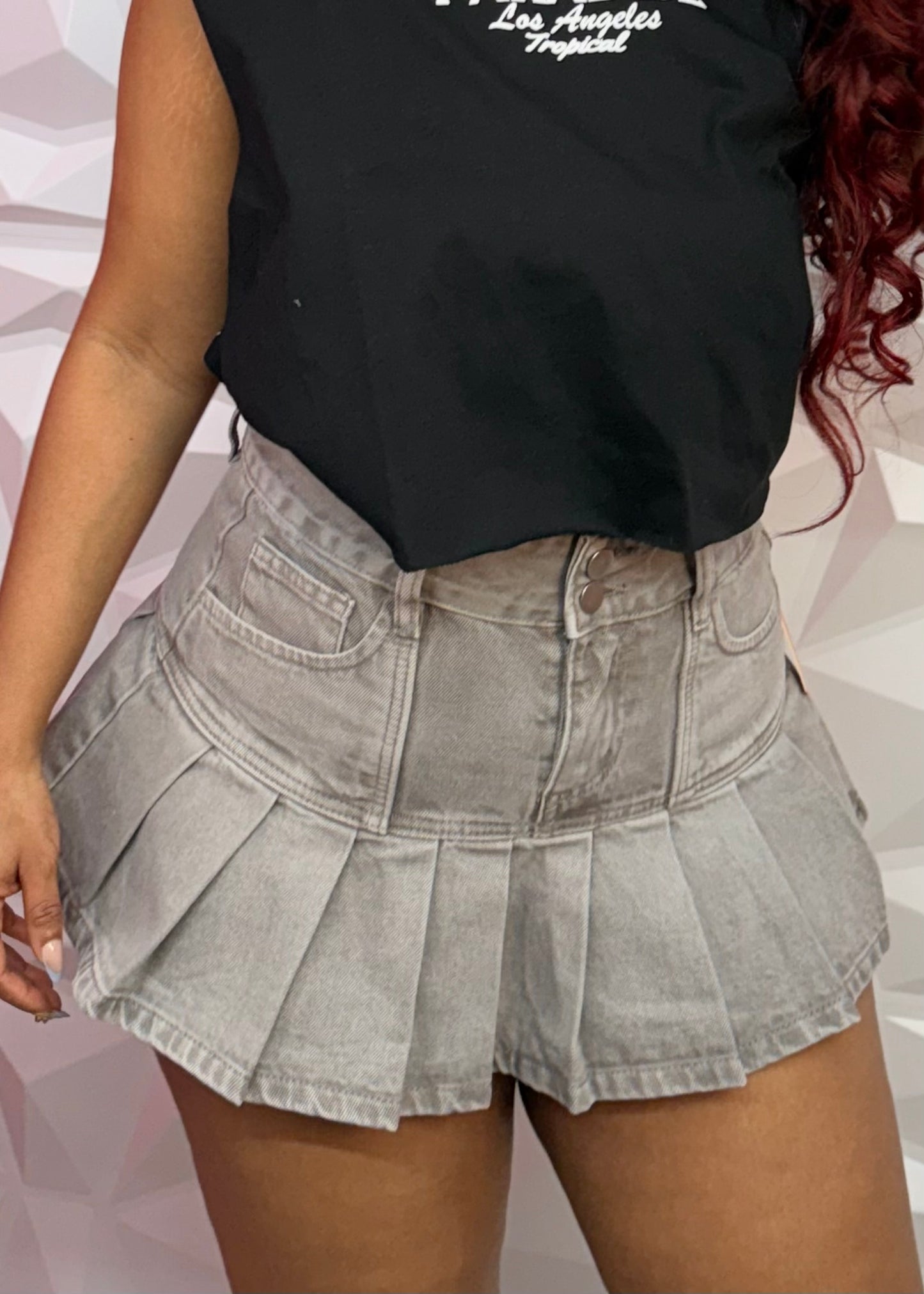 Pleated Denim Skirt-Grey