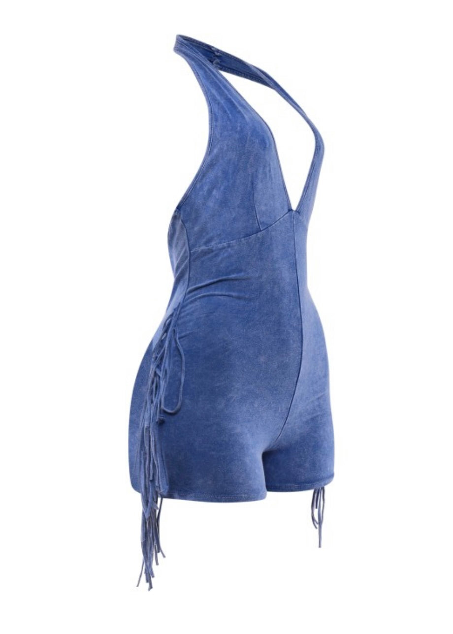 Fringe Halter Romper-Blue