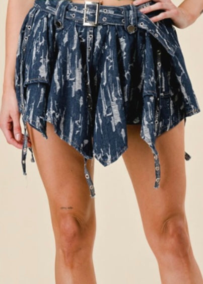 Ruffle Denim Skirt-Dark Blue