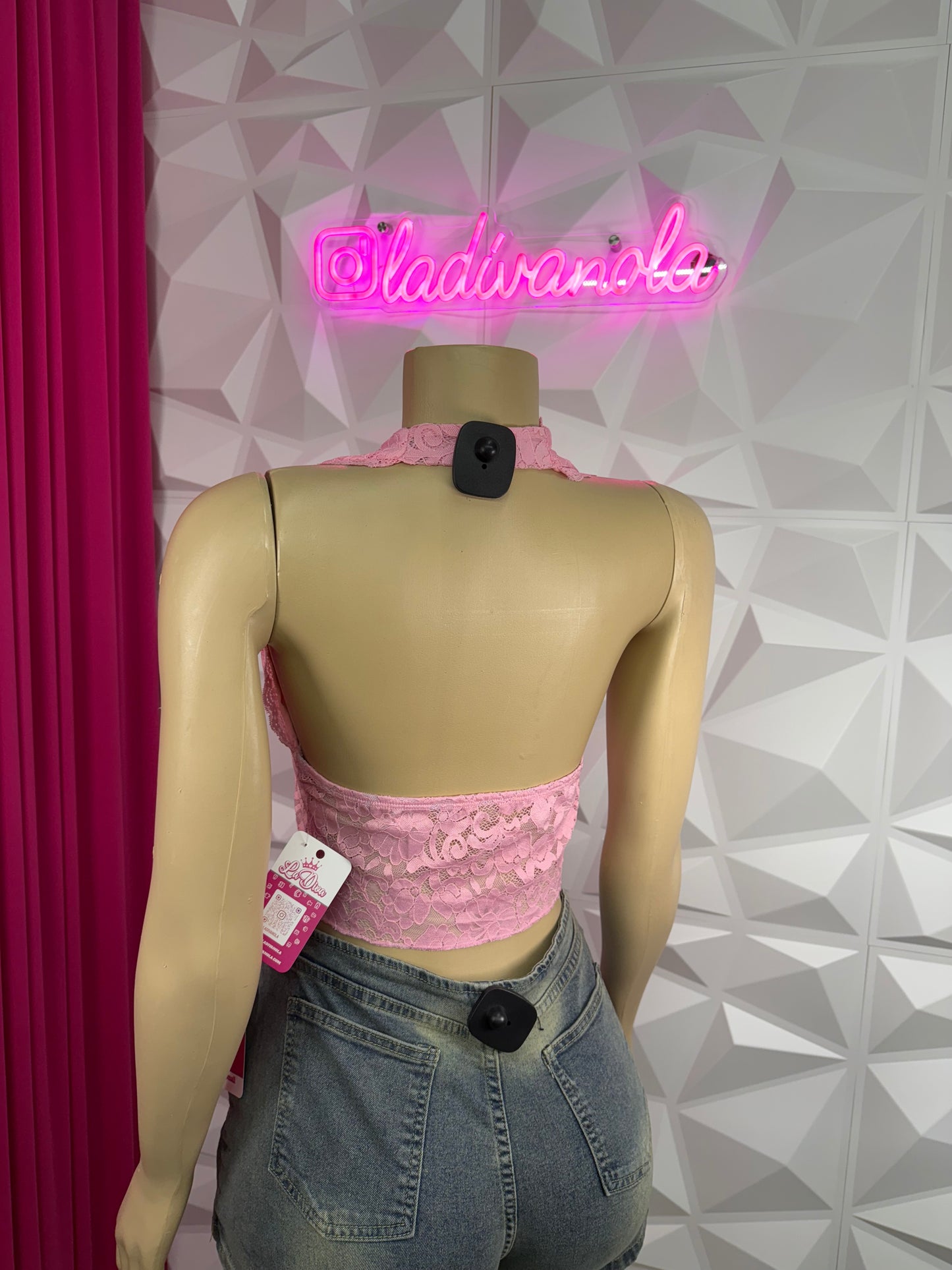 Lace Halter Top-Pink