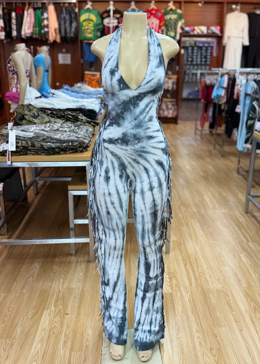 Tie-Dye Fringe Jumpsuit-Grey