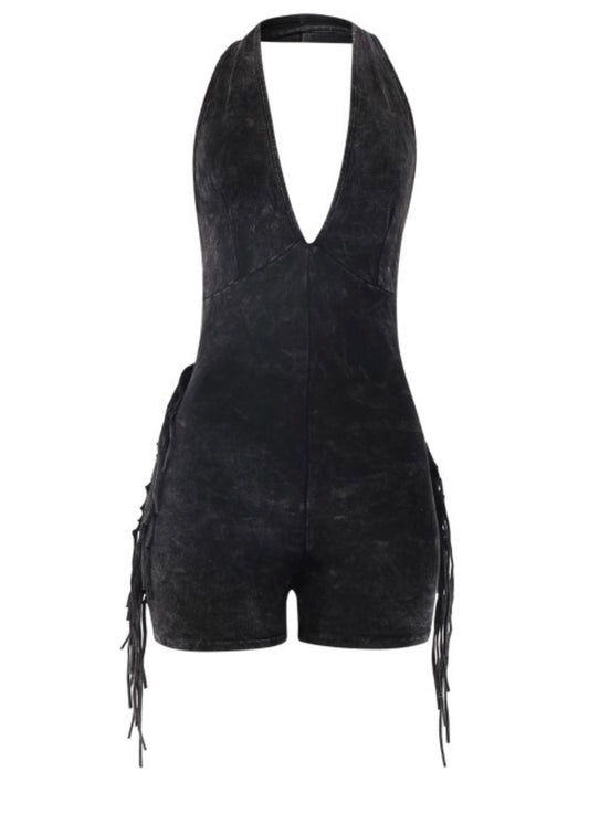 Fringe Halter Romper-Black