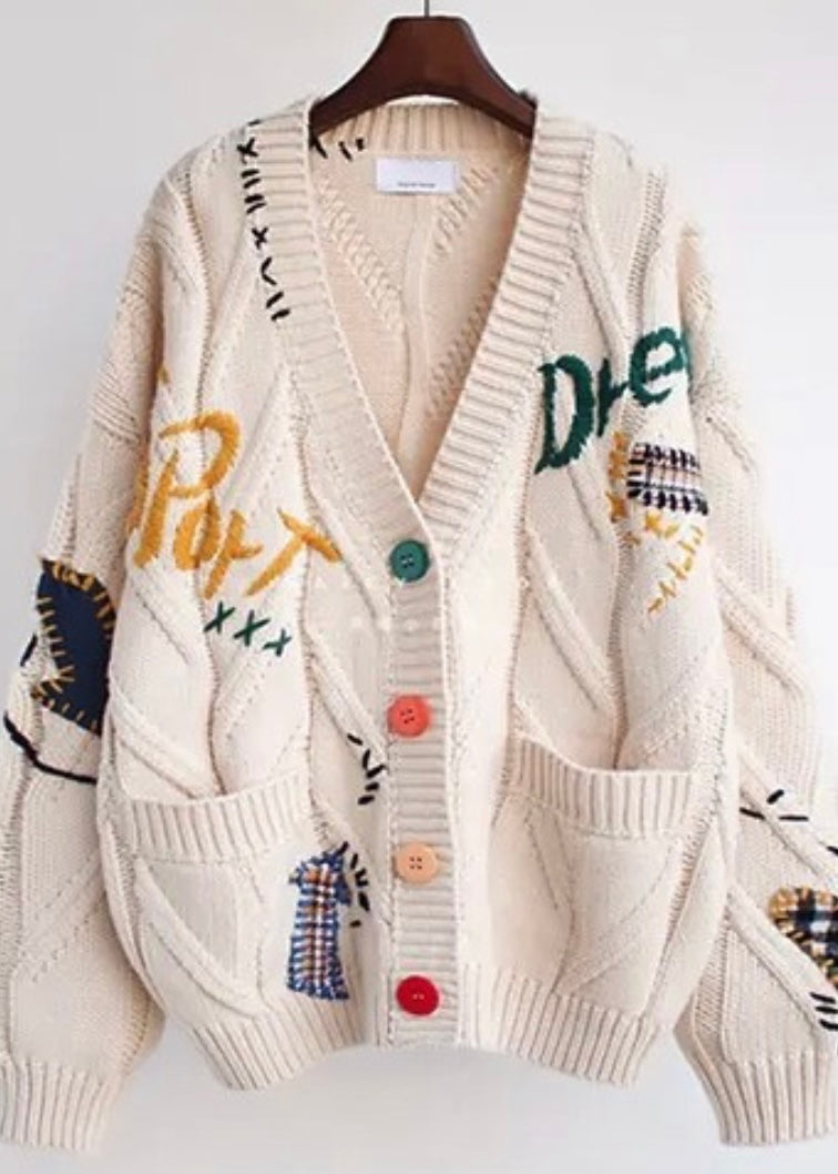 Graphic Knit Cardigan-Crème
