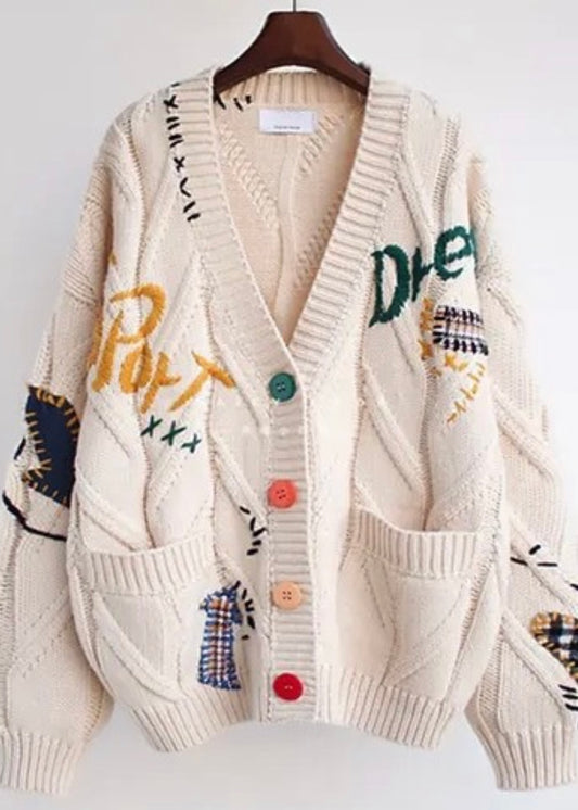 Graphic Knit Cardigan-Crème
