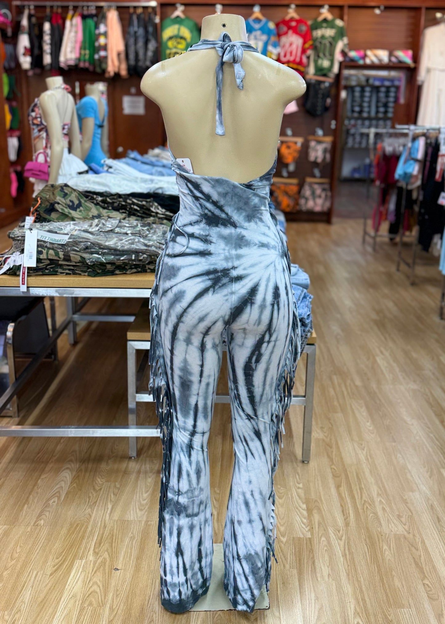 Tie-Dye Fringe Jumpsuit-Grey