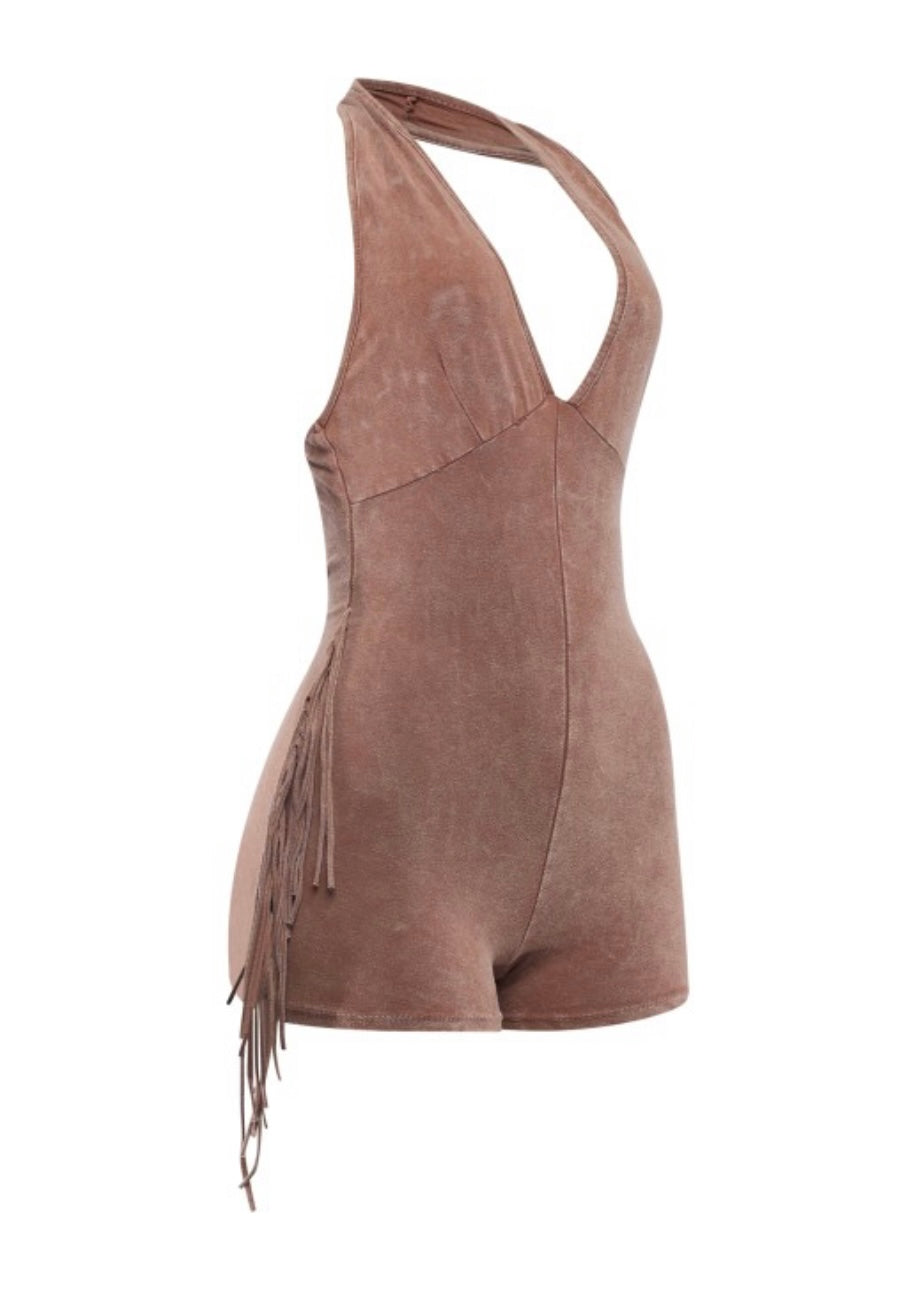 Fringe Halter Romper-Nude