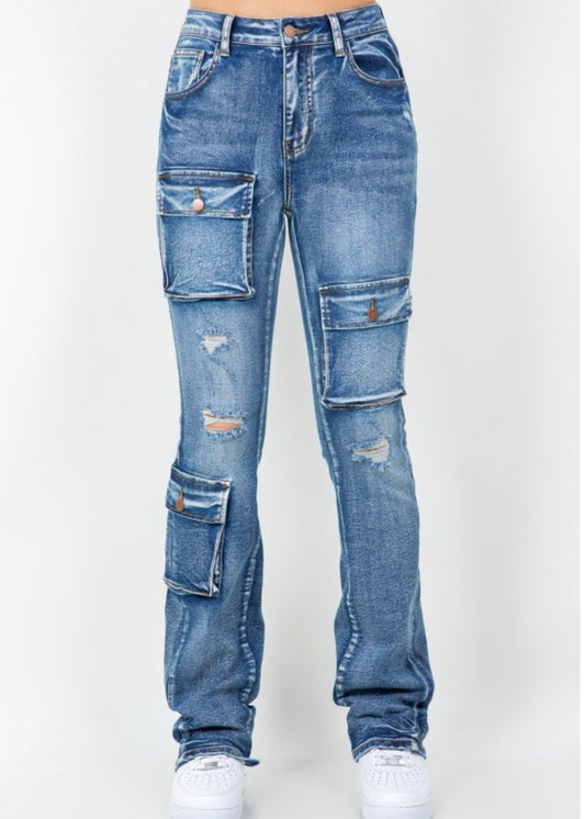 Stacked Flare Jeans-Bluewash