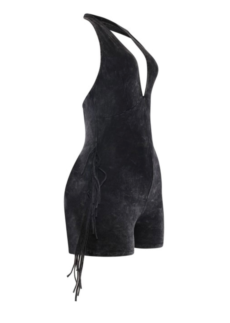 Fringe Halter Romper-Black