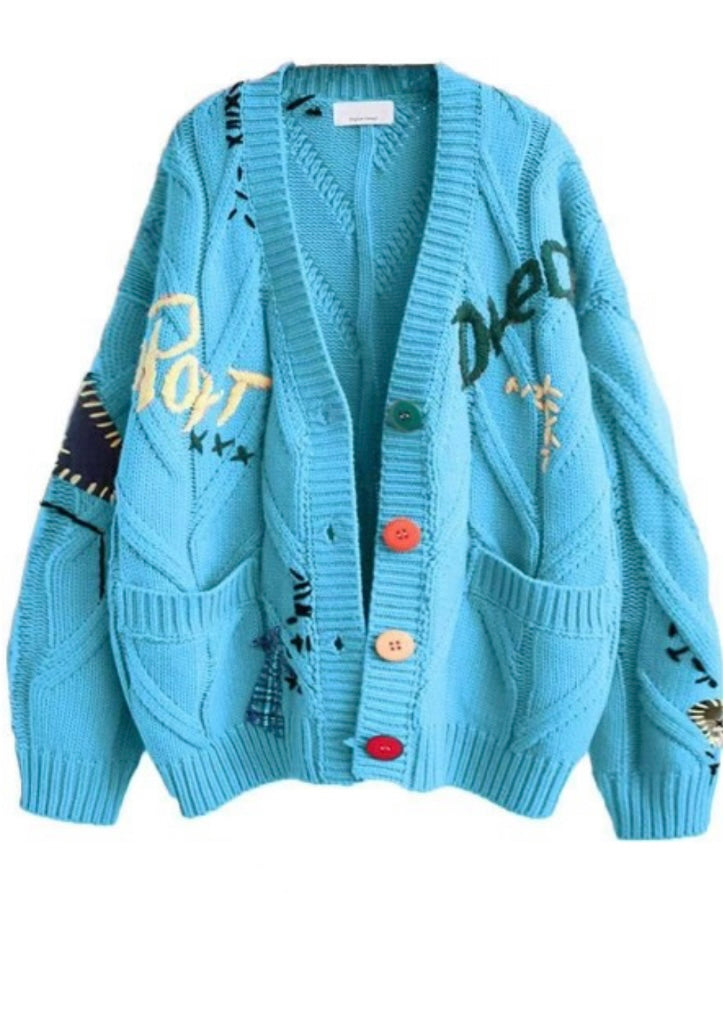 Graphic Knit Cardigan-Blue