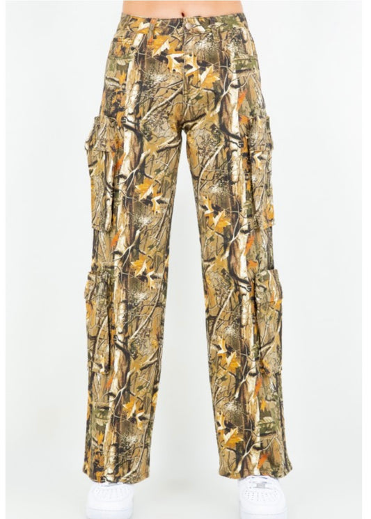 Wide Leg Pocket Pants-Camo