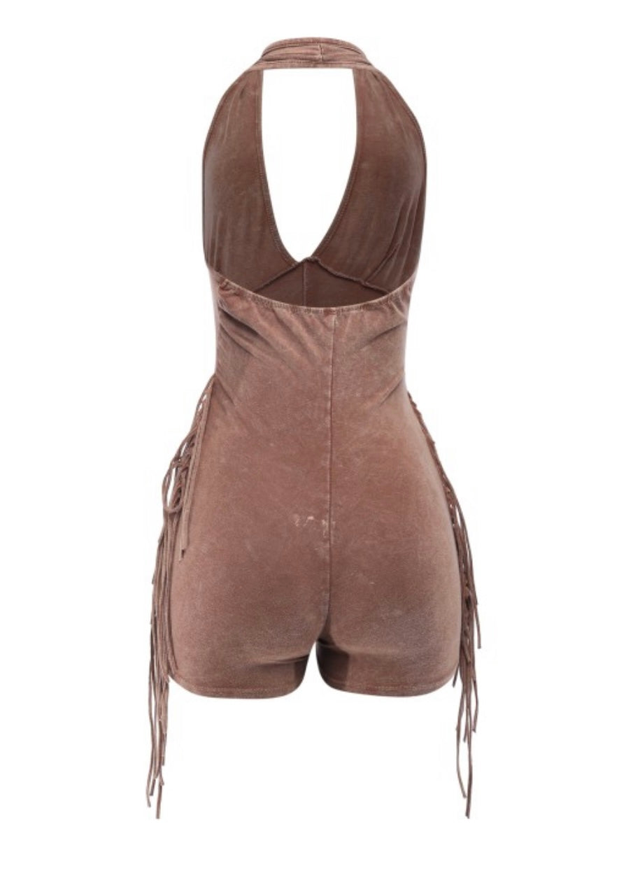 Fringe Halter Romper-Nude