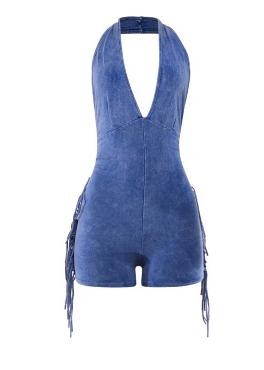 Fringe Halter Romper-Blue