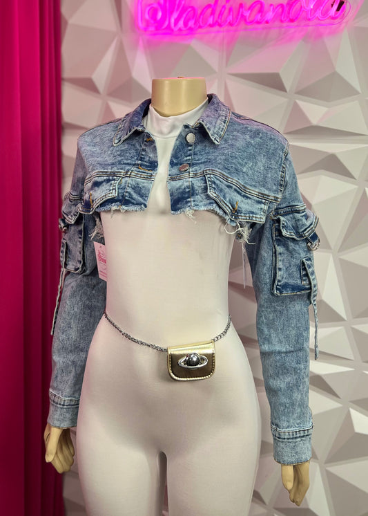 Cropped Jean Jacket-Blue