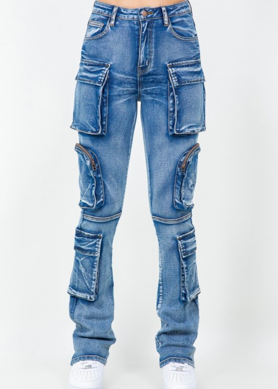 Stacked Jeans Pockets-Blue Wash