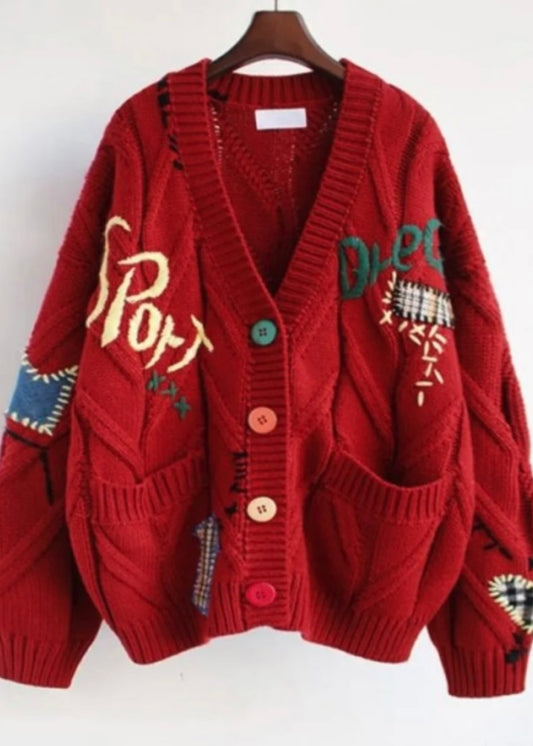 Graphic Knit Cardigan-Red