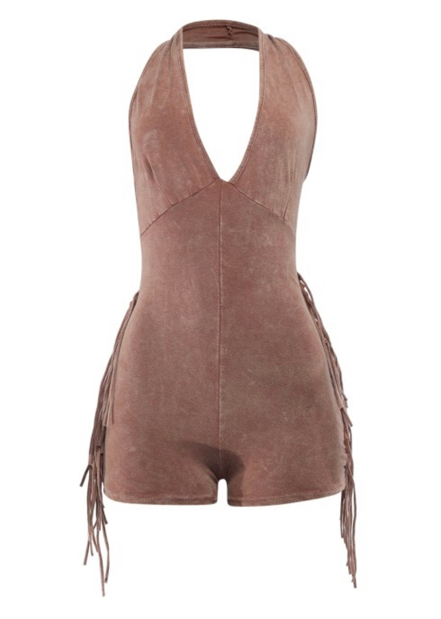 Fringe Halter Romper-Nude