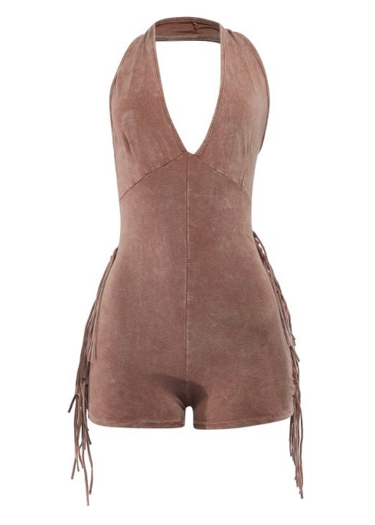 Fringe Halter Romper-Nude