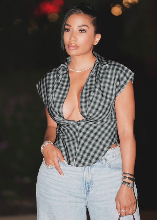 Plaid Button Top