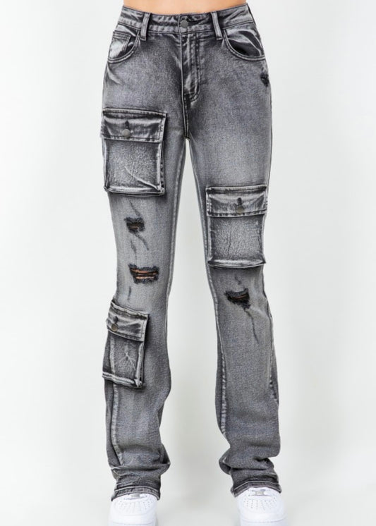Stacked Flare Jeans-Black Wash