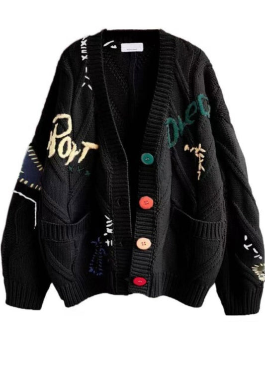 Graphic Knit Cardigan-Black